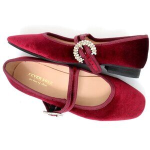 Fever Sole Women's 7.5 Burgundy Velvet Sparkly Buckle Mary Jane Ballet Flats